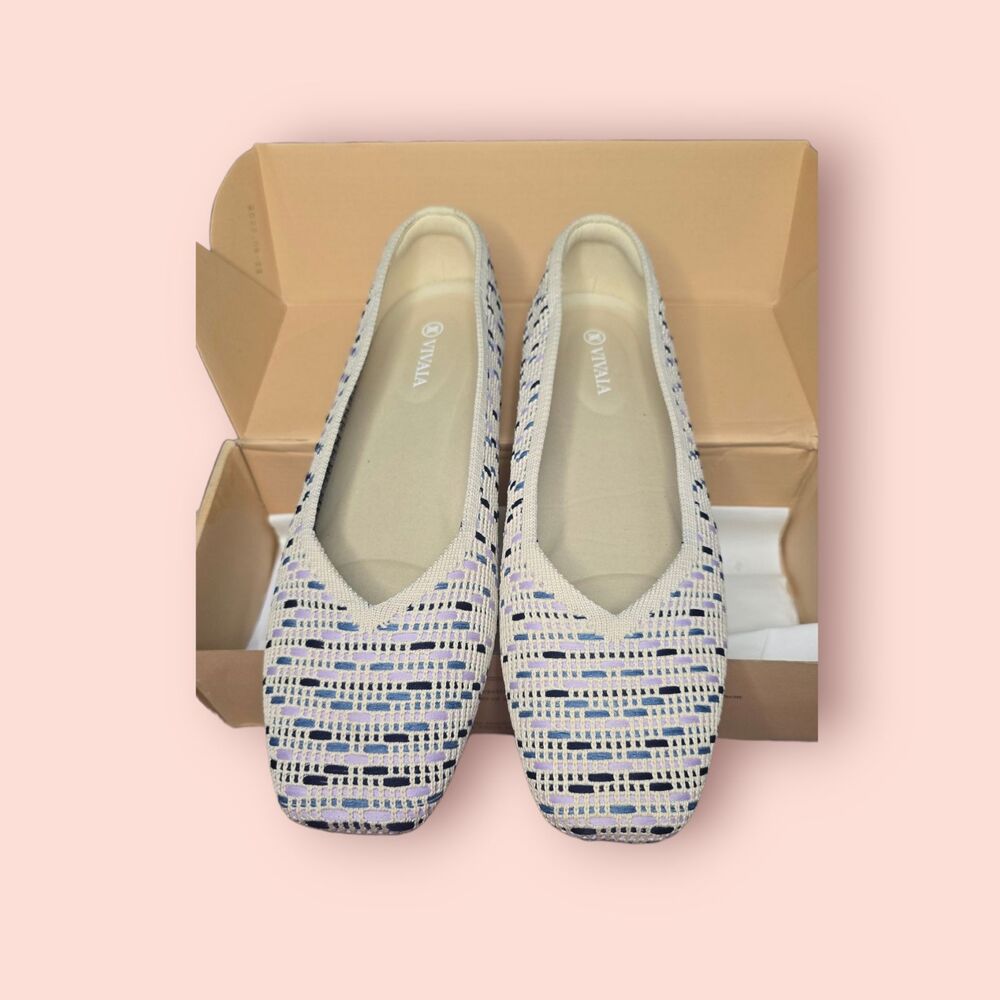 VIVAIA Margot 2.0 Square‑Toe V‑Cut Flats Multi Blue Crochet Everyday Comfort 9